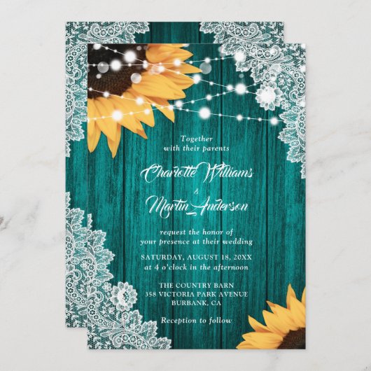 Blauwgroen Zonnebloem Hout Bloemen Kant Wedding Kaart (Voorkant / Achterkant)