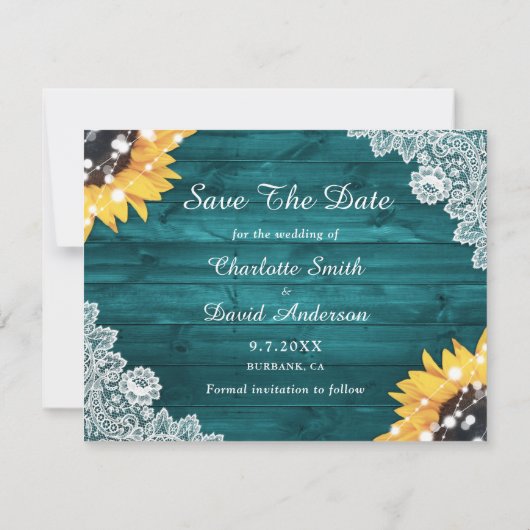 Blauwgroen zonnebloem Hout Lace Burlap Hearts Wedd Aankondiging (Achterkant)