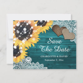 Blauwgroen zonnebloem Hout Lace Burlap Hearts Wedd Aankondiging