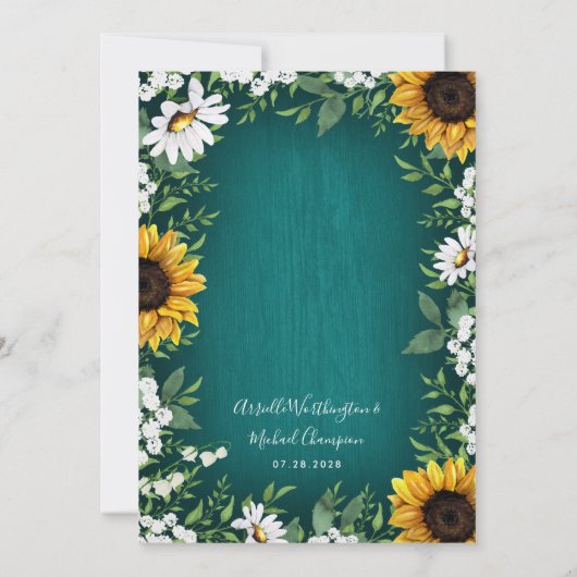 Blauwgroen Zonnebloem Land Rustieke Bruiloft Uitno Kaart (Achterkant)