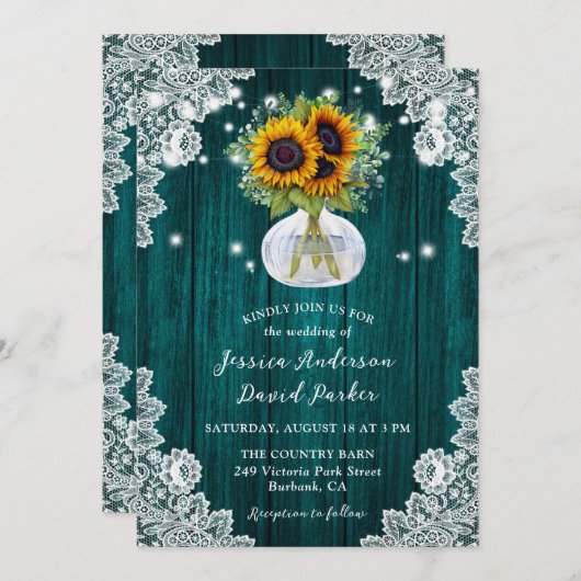 Blauwgroen Zonnebloem Mason Jar Bloemen Kant Hout  Kaart (Voorkant / Achterkant)