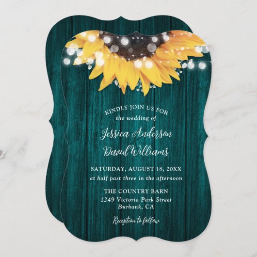 Blauwgroen zonnebloem Rustic Barn Wood Wedding Kaart (Voorkant / Achterkant)