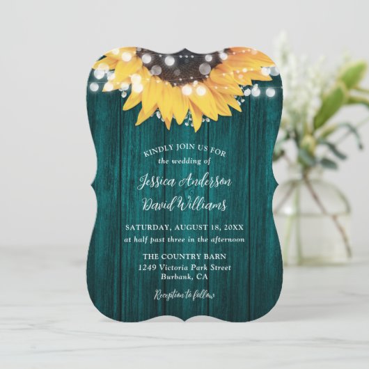 Blauwgroen zonnebloem Rustic Barn Wood Wedding Kaart (Staand voorkant)
