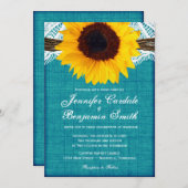 Blauwgroen Zonnebloem Rustic Country Wedding Invit Kaart (Voorkant / Achterkant)