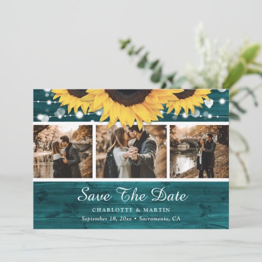 Blauwgroen zonnebloem Rustic Wood Weddenschap 3 Fo Save The Date (Staand voorkant)
