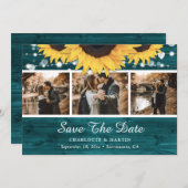 Blauwgroen zonnebloem Rustic Wood Weddenschap 3 Fo Save The Date (Voorkant / Achterkant)