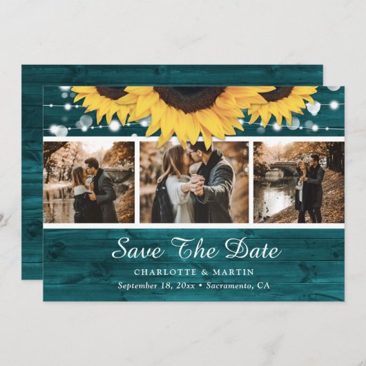 Blauwgroen zonnebloem Rustic Wood Weddenschap 3 Fo Save The Date (Voorkant / Achterkant)