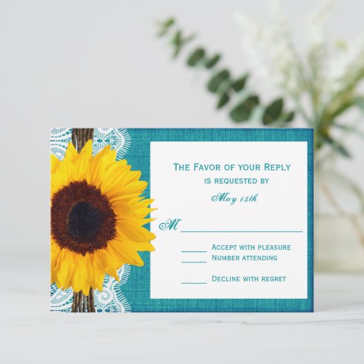 Blauwgroen Zonnebloem - Rustige Landbruiloft RSVP- RSVP Kaartje (Staand voorkant)