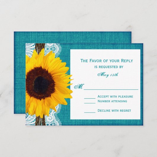 Blauwgroen Zonnebloem - Rustige Landbruiloft RSVP- RSVP Kaartje (Voorkant / Achterkant)