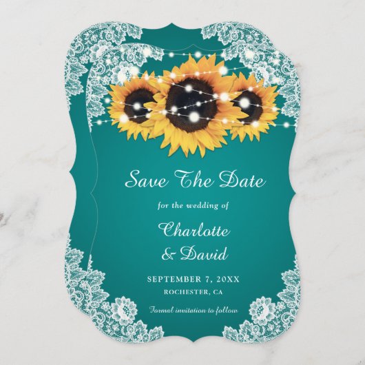 Blauwgroen zonnebloempitten save the date (Voorkant / Achterkant)