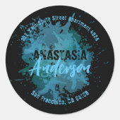 Blauwgroen zwart artistiek rond retour adres label (Voorkant)