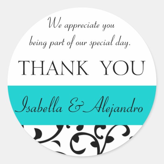 Blauwgroen, zwart bruiloft gunst dank u bericht ronde sticker (Voorkant)