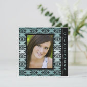Blauwgroen Zwart Damask Afbeelding Sweet 15 Quince Kaart (Staand voorkant)