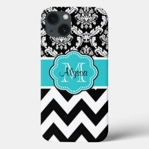Blauwgroen zwart Damask Chevron Monogram Case-Mate iPhone Case