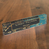 Blauwgroen, zwart en gouden design naambordje (Zijkant)