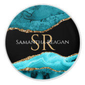 Blauwgroen, zwart en goudgrijs, DIY-naam en monogr Keramische Knop (Voorkant)