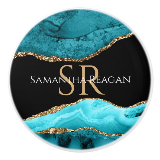 Blauwgroen, zwart en goudgrijs, DIY-naam en monogr Keramische Knop (Voorkant)