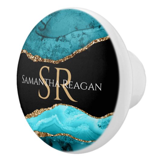 Blauwgroen, zwart en goudgrijs, DIY-naam en monogr Keramische Knop (Rechts)