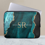 Blauwgroen, zwart en goudgrijs, DIY-naam en monogr Laptop Sleeve<br><div class="desc">Blauwgroen,  zwart en goudgrijs,  DIY-naam & Monogram A Trendy-ontwerp van Blauwgroen,  zwart en goudgrijs. Pas jouw naam,  initialen of boodschap aan in gouden en witte tekst.</div>