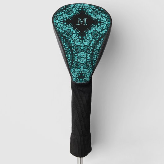 Blauwgroen zwart Floral Mandala Monogram Golfheadcover (Voorkant)