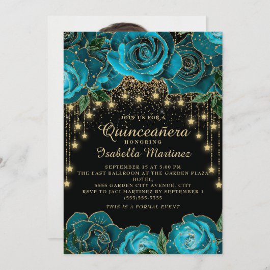 Blauwgroen zwart Gold String Light Star Quinceañer Kaart (Voorkant / Achterkant)