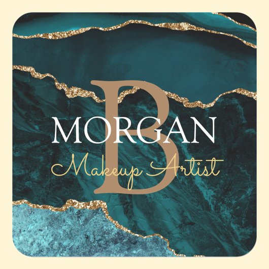 Blauwgroen Zwart Goud Agaat DIY Naam Monogram Beze Vierkante Sticker