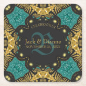 Blauwgroen Zwart + Goud Celebration Jubileum Kartonnen Onderzetters (Voorkant)