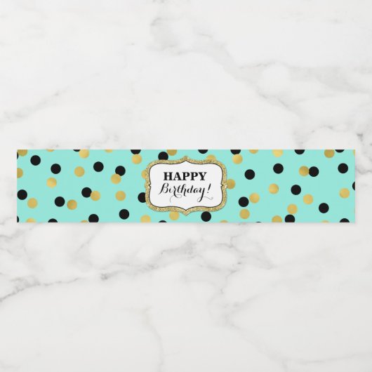 Blauwgroen Zwart Goud Confetti Happy Birthday! Waterfles Etiket (Enkel label)