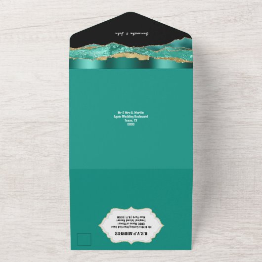 Blauwgroen zwart goud marmeren agaat elegant verlo all in one uitnodiging (Buitenkant)