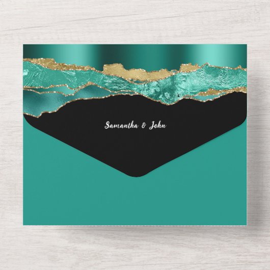 Blauwgroen zwart goud marmeren agaat elegant verlo all in one uitnodiging (Achterkant)