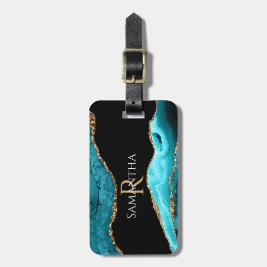 Blauwgroen zwart-gouden agaat, naam en monogram, v bagagelabel (Voorkant verticaal)