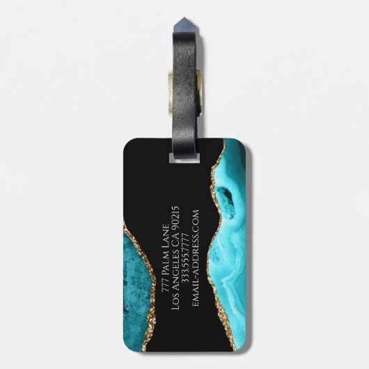 Blauwgroen zwart-gouden agaat, naam en monogram, v bagagelabel (Achterkant verticaal)