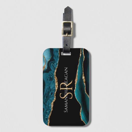 Blauwgroen zwart-goudgedoe, DIY-naam en monogram Bagagelabel (Voorkant (verticaal))