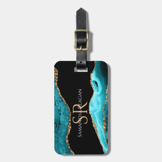 Blauwgroen zwart-goudgedoe, DIY-naam en monogram Bagagelabel (Voorkant verticaal)