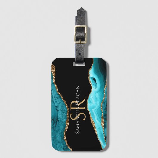 Blauwgroen zwart-goudgeweer, DIY-naam en monogram Bagagelabel (Voorkant (verticaal))