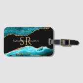 Blauwgroen zwart-goudgeweer, DIY-naam en monogram Bagagelabel (Voorkant (horizontaal))