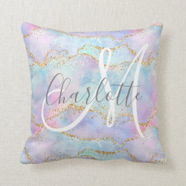 Blauwgroen zwart roze goud glitter agologram kussen