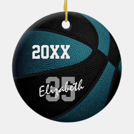 blauwgroen zwart team kleuren jongens basketbal keramisch ornament (Achterkant)