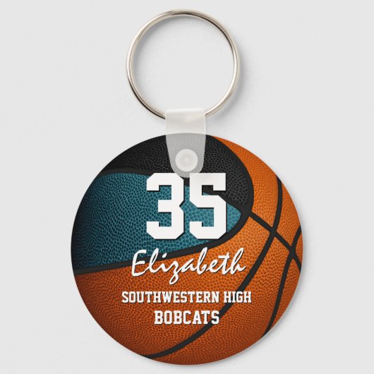 Blauwgroen zwart team kleuren jongens basketbal sleutelhanger (Voorkant)