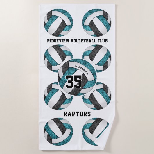 blauwgroen zwart team kleuren naam girly volleybal strandlaken (Voorkant)