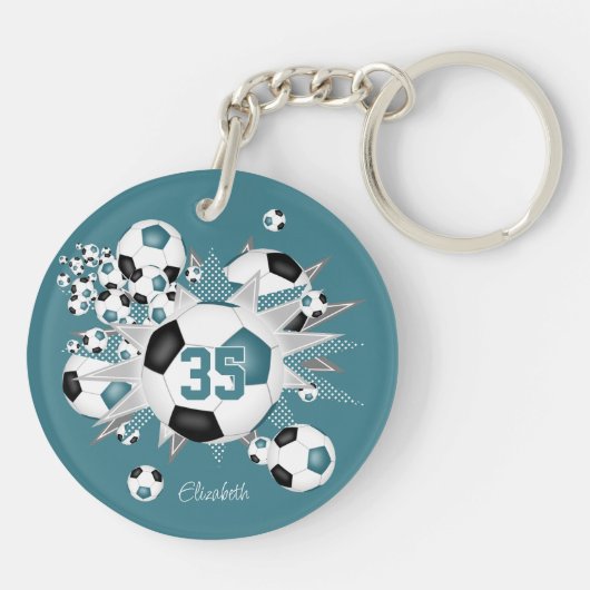 Blauwgroen zwart voetbal blowout meisjes jersey nu sleutelhanger (Achterkant)
