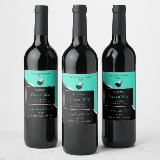 Blauwgroen Zwart Wavy Zilver Schattige Hearts Prod Wijn Etiket (Flessen)