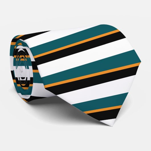 Blauwgroen zwart wit en goud, horizontaal gestreep stropdas (Opgerold)