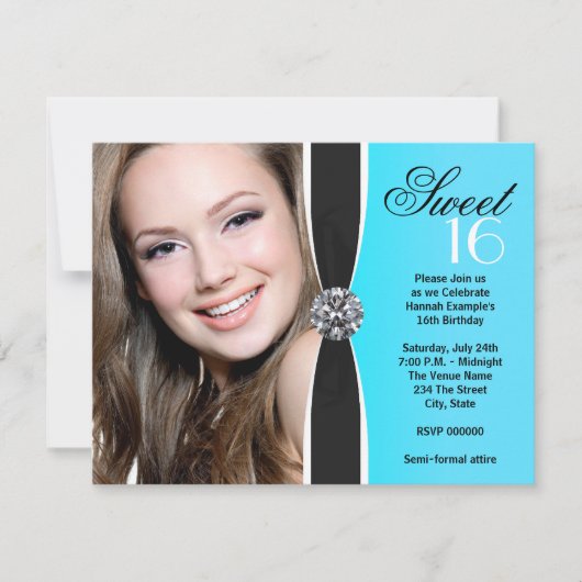 Blauwgroen Zwart Wit Foto Verjaardagsfeest Kaart (Voorkant)