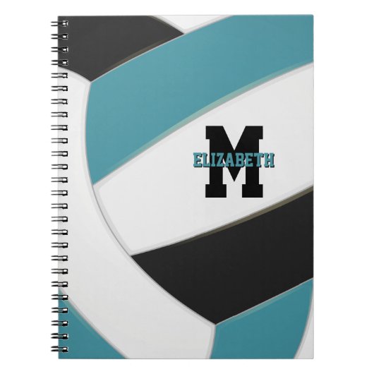 blauwgroen zwart-wit gepersonaliseerd volleybal notitieboek (Voorkant)