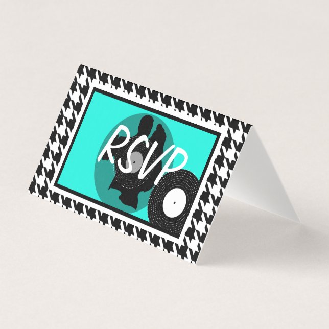Blauwgroen, zwart-wit, ingecheckt 1950s thema rsvp kaart (Voorkant)