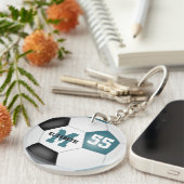 blauwgroen zwart wit kinder voetbaltas label sleutelhanger (Voorkant Rechts)