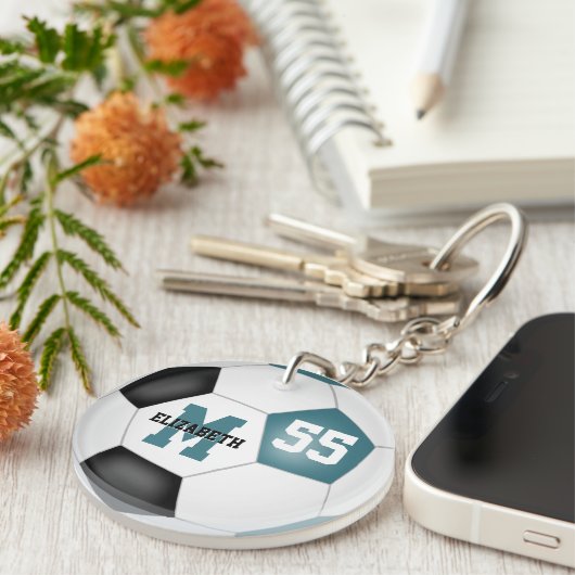 blauwgroen zwart wit kinder voetbaltas label sleutelhanger (Voorkant Rechts)