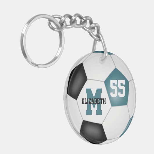 blauwgroen zwart wit kinder voetbaltas label sleutelhanger (Voorkant Links)