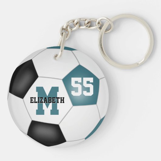 blauwgroen zwart wit kinder voetbaltas label sleutelhanger (Achterkant)